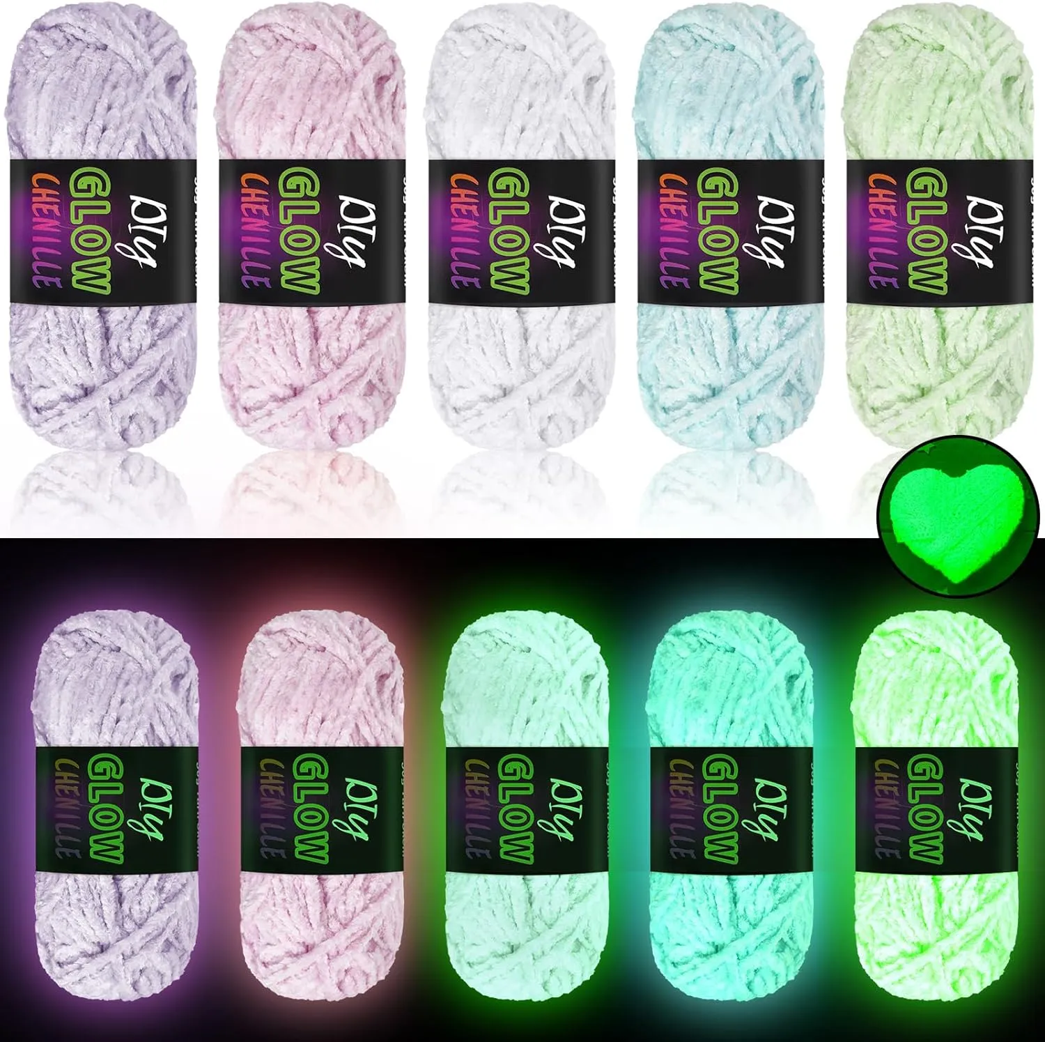 5 Rolls Glow in The Dark Chenille Yarn Luminous Crochet Yarn Glow Sewing Craft for DIY Arts Crafts Halloween Knitting Sewing Crocheting Supplies, 76.5 Yard Per Roll
