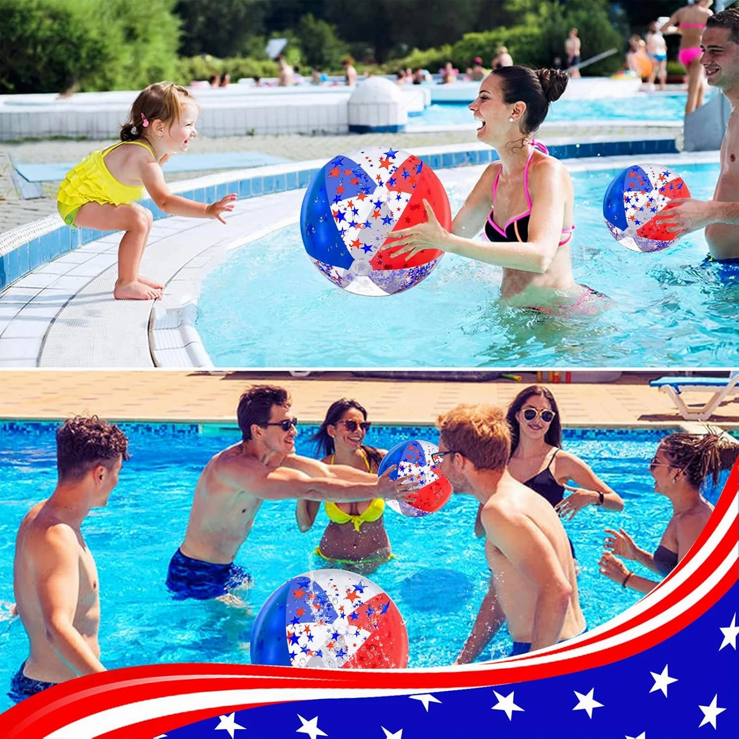 5 Pack Patriotic Sequins Beach Ball 24 Inch 16 Inch Pool Toys Balls Giant Red White and Blue Stars Glitters Inflatable Clear Beach Ball Swimming Pool Water Beach Toys Outdoor 4th of July Party Favors