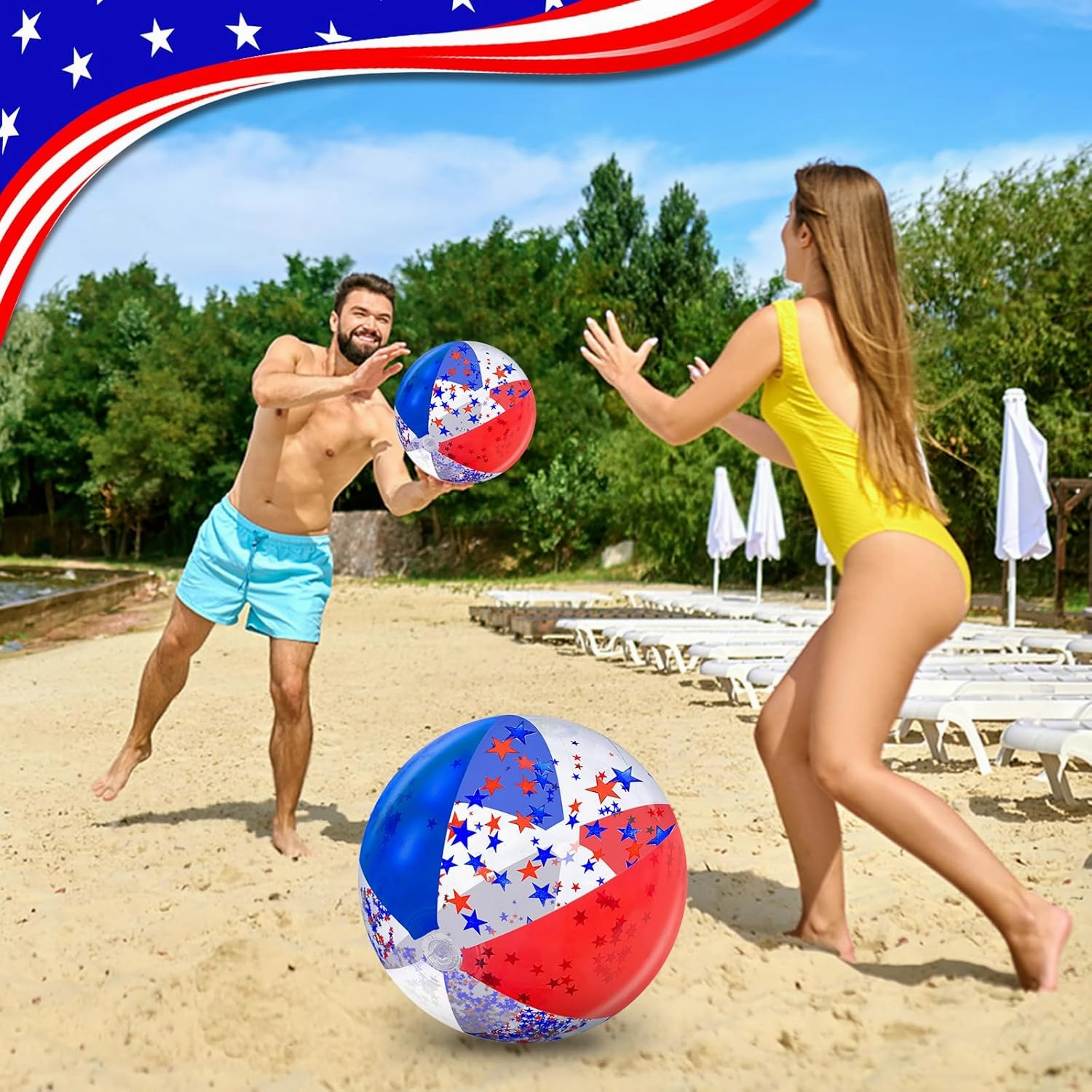 5 Pack Patriotic Sequins Beach Ball 24 Inch 16 Inch Pool Toys Balls Giant Red White and Blue Stars Glitters Inflatable Clear Beach Ball Swimming Pool Water Beach Toys Outdoor 4th of July Party Favors