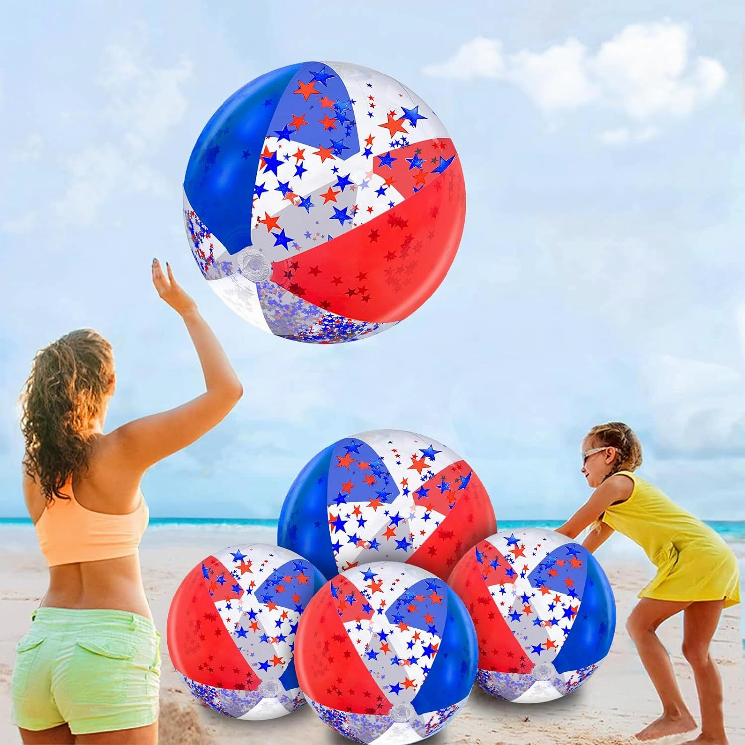 5 Pack Patriotic Sequins Beach Ball 24 Inch 16 Inch Pool Toys Balls Giant Red White and Blue Stars Glitters Inflatable Clear Beach Ball Swimming Pool Water Beach Toys Outdoor 4th of July Party Favors