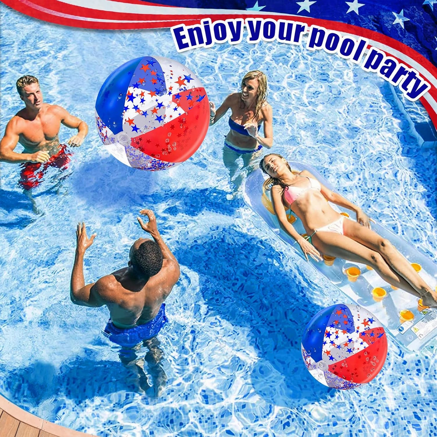 5 Pack Patriotic Sequins Beach Ball 24 Inch 16 Inch Pool Toys Balls Giant Red White and Blue Stars Glitters Inflatable Clear Beach Ball Swimming Pool Water Beach Toys Outdoor 4th of July Party Favors