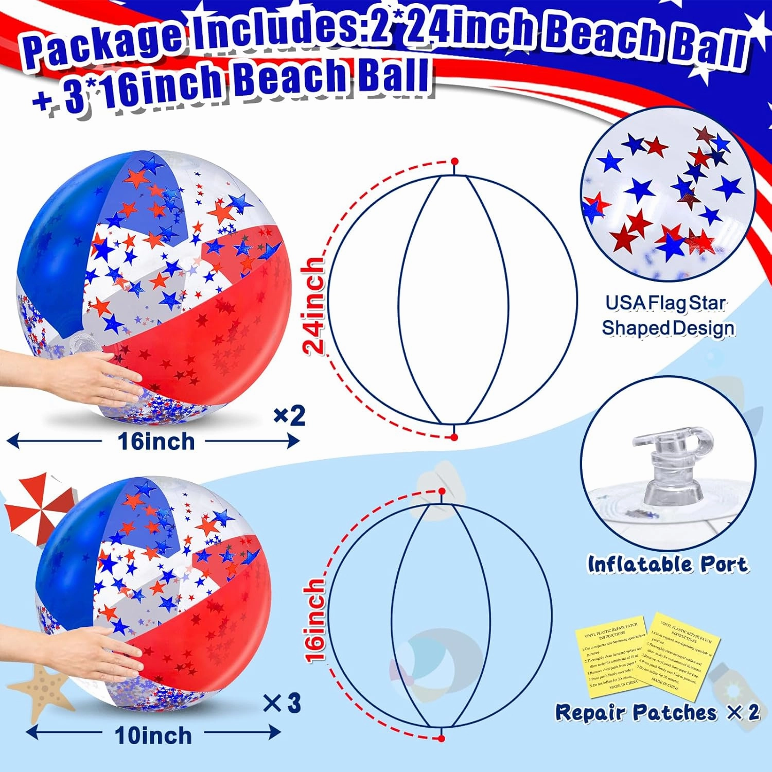 5 Pack Patriotic Sequins Beach Ball 24 Inch 16 Inch Pool Toys Balls Giant Red White and Blue Stars Glitters Inflatable Clear Beach Ball Swimming Pool Water Beach Toys Outdoor 4th of July Party Favors