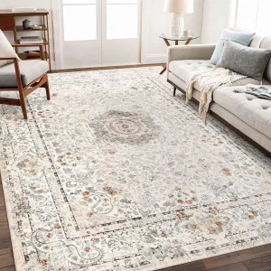 5x7 Area Rugs Washable,Boho Rug for Living Room Bedroom Kitchen,Large Vintage Bohemian Distressed Carpet Non Slip,Beige