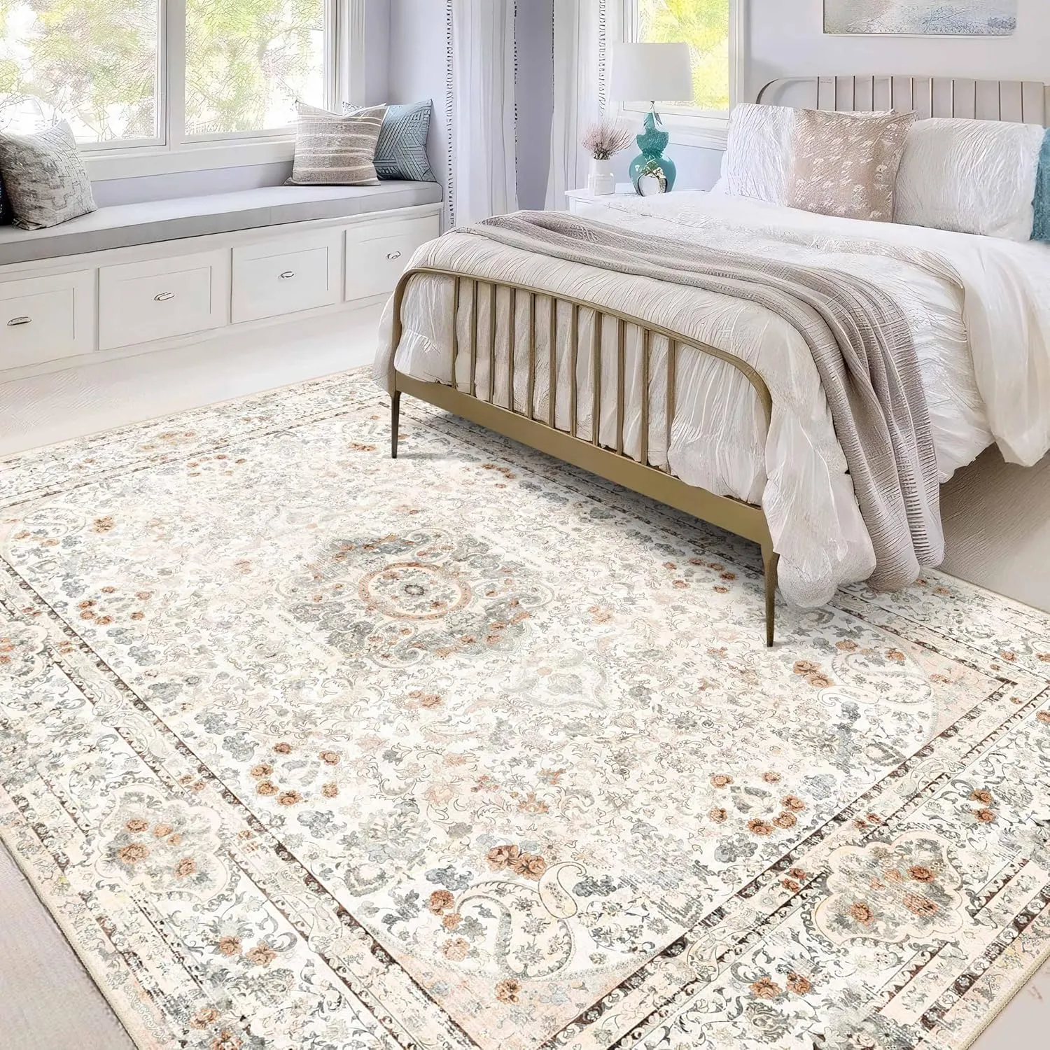 5x7 Area Rugs Washable,Boho Rug for Living Room Bedroom Kitchen,Large Vintage Bohemian Distressed Carpet Non Slip,Beige
