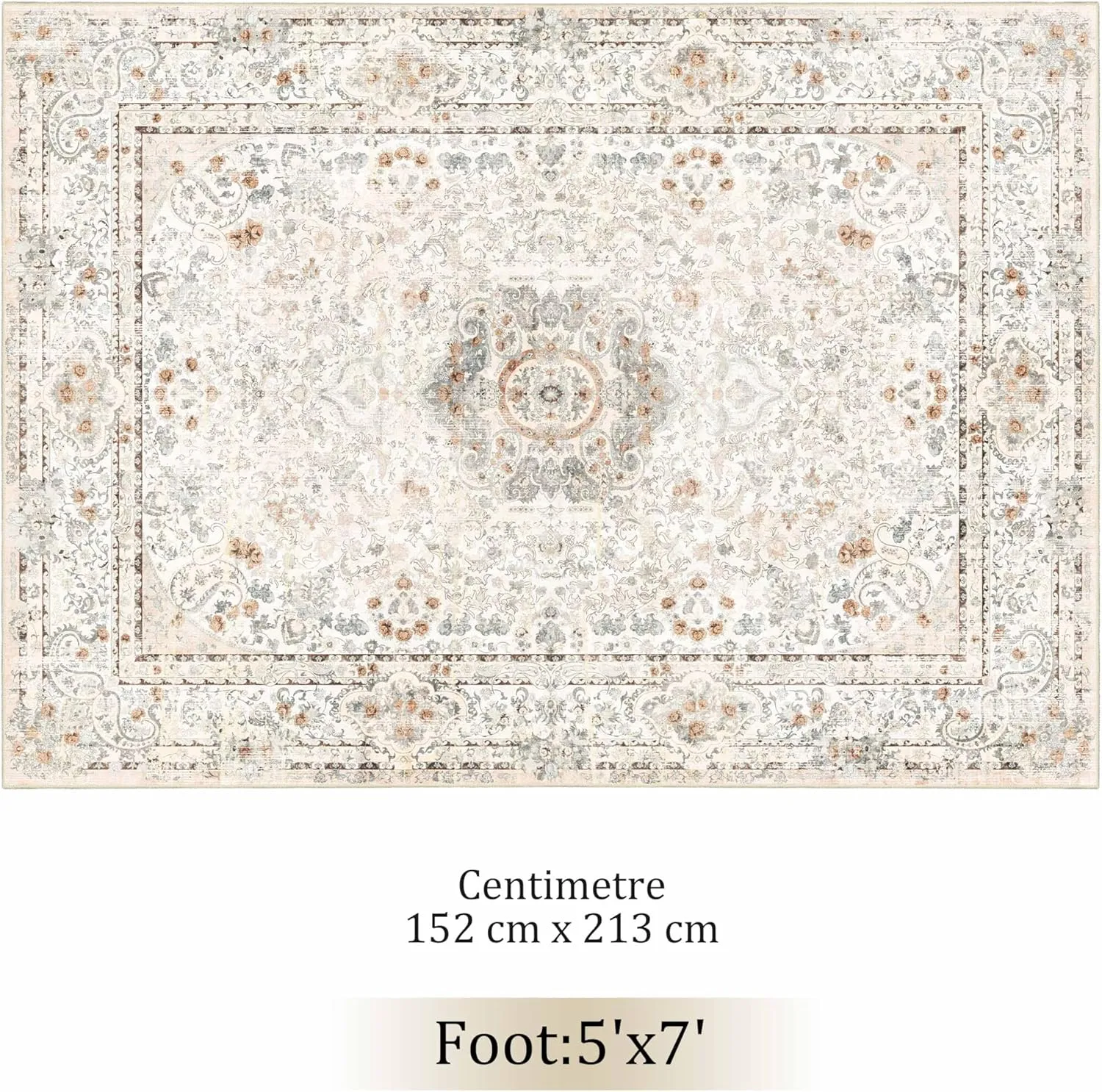 5x7 Area Rugs Washable,Boho Rug for Living Room Bedroom Kitchen,Large Vintage Bohemian Distressed Carpet Non Slip,Beige