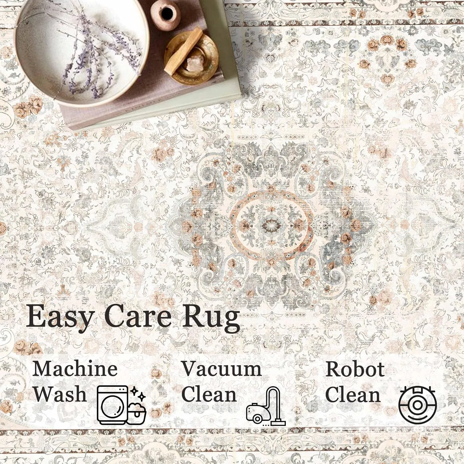 5x7 Area Rugs Washable,Boho Rug for Living Room Bedroom Kitchen,Large Vintage Bohemian Distressed Carpet Non Slip,Beige