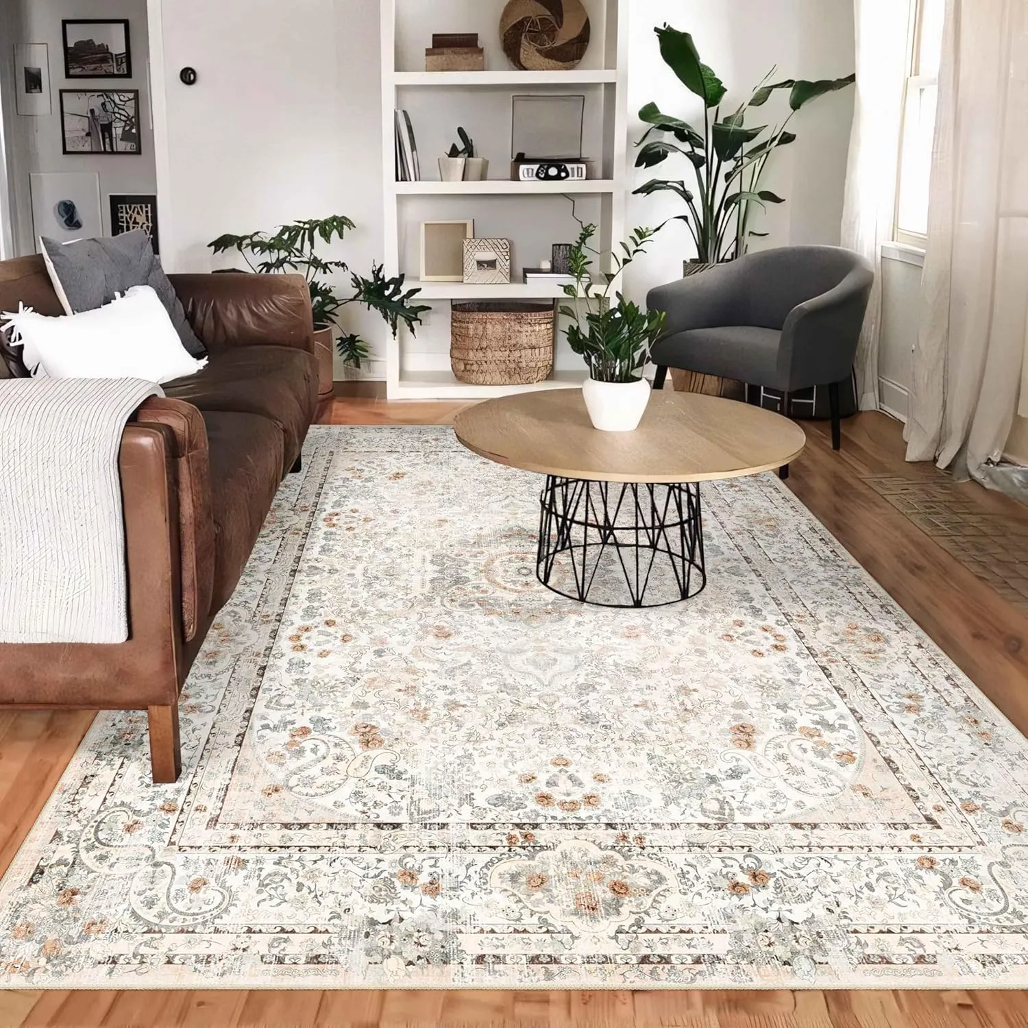 5x7 Area Rugs Washable,Boho Rug for Living Room Bedroom Kitchen,Large Vintage Bohemian Distressed Carpet Non Slip,Beige