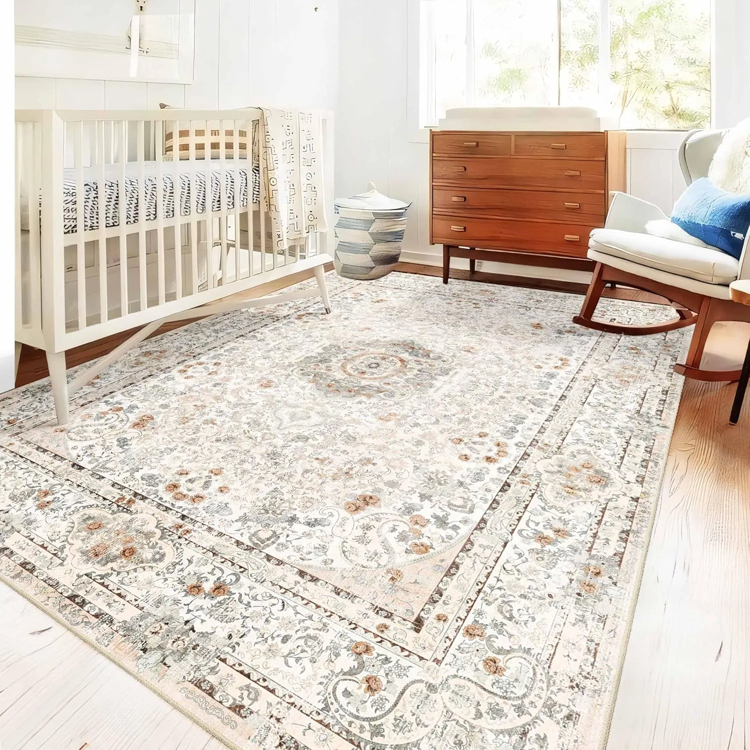 5x7 Area Rugs Washable,Boho Rug for Living Room Bedroom Kitchen,Large Vintage Bohemian Distressed Carpet Non Slip,Beige