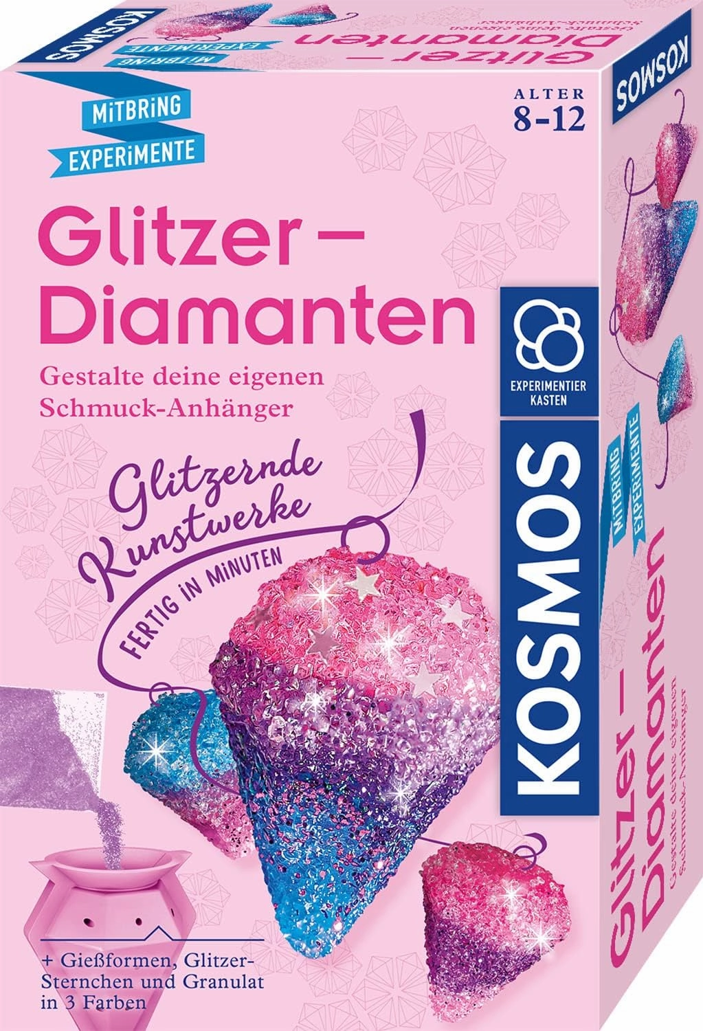 657758 Glitter Diamonds, Create and Design Sparkling Jewellery Pendants, with Casting Moulds, Jewellery Ribbons, Glitter, Granules in 3 Colours, Experiment Set for Children from 8-12 Years