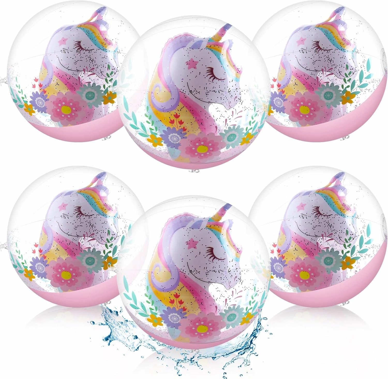 6 Pcs 3D Unicorn Glitter Beach Ball 12 Inch Inflatable Beach Balls for Swimming Pool Clear Beach Balls for Kids Summer Birthday Party Supplies Indoor Outdoor Games (Unicorn)