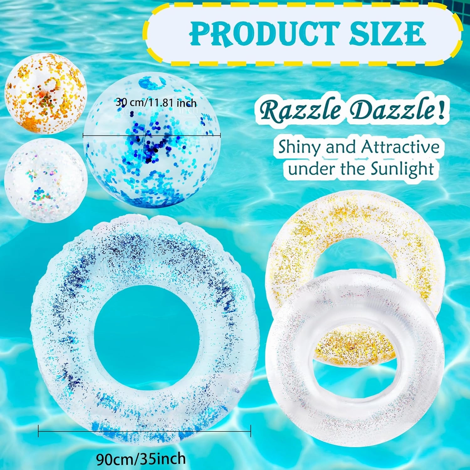 6 Pcs Inflatable Glitter Clear Pool Float Tube Glitter Beach Ball Include 3 Pcs Inflatable Confetti Swim Ring 3 Pcs Inflatable Confetti Beach Ball for Beach Water Pool Party