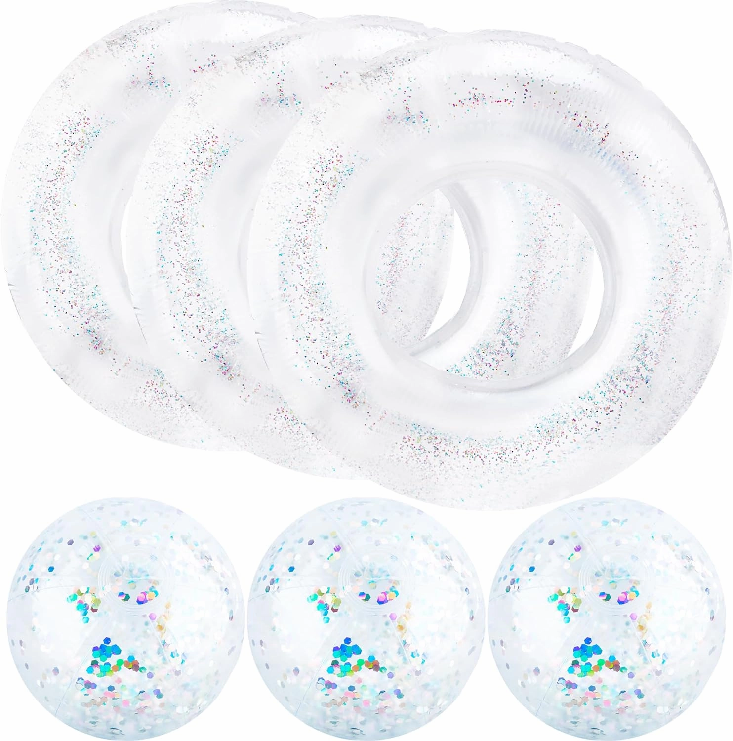 6 Pcs Inflatable Glitter Clear Pool Float Tube Glitter Beach Ball Include 3 Pcs Inflatable Confetti Swim Ring 3 Pcs Inflatable Confetti Beach Ball for Beach Water Pool Party
