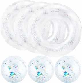 6 Pcs Inflatable Glitter Clear Pool Float Tube Glitter Beach Ball Include 3 Pcs Inflatable Confetti Swim Ring 3 Pcs Inflatable Confetti Beach Ball for Beach Water Pool Party