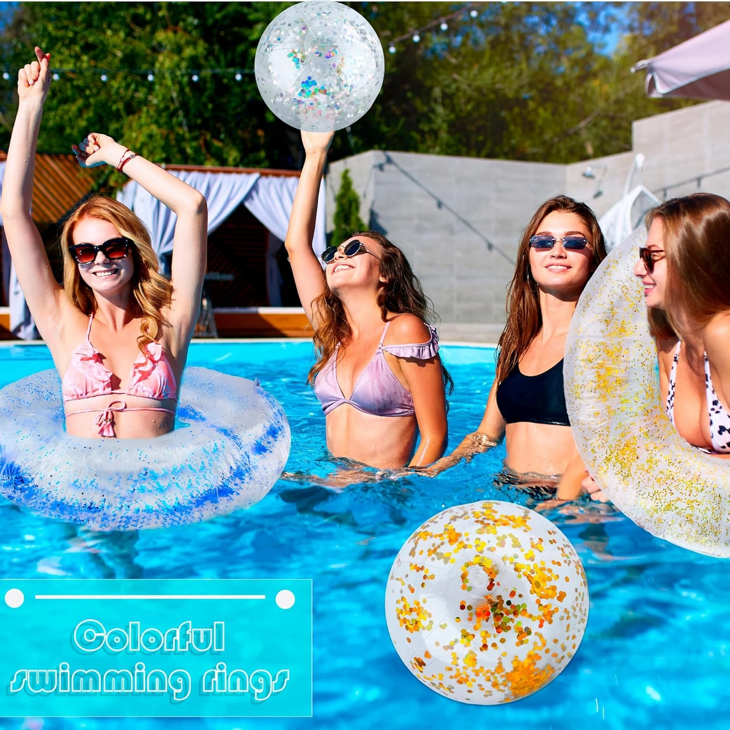 6 Pcs Inflatable Glitter Clear Pool Float Tube Glitter Beach Ball Include 3 Pcs Inflatable Confetti Swim Ring 3 Pcs Inflatable Confetti Beach Ball for Beach Water Pool Party