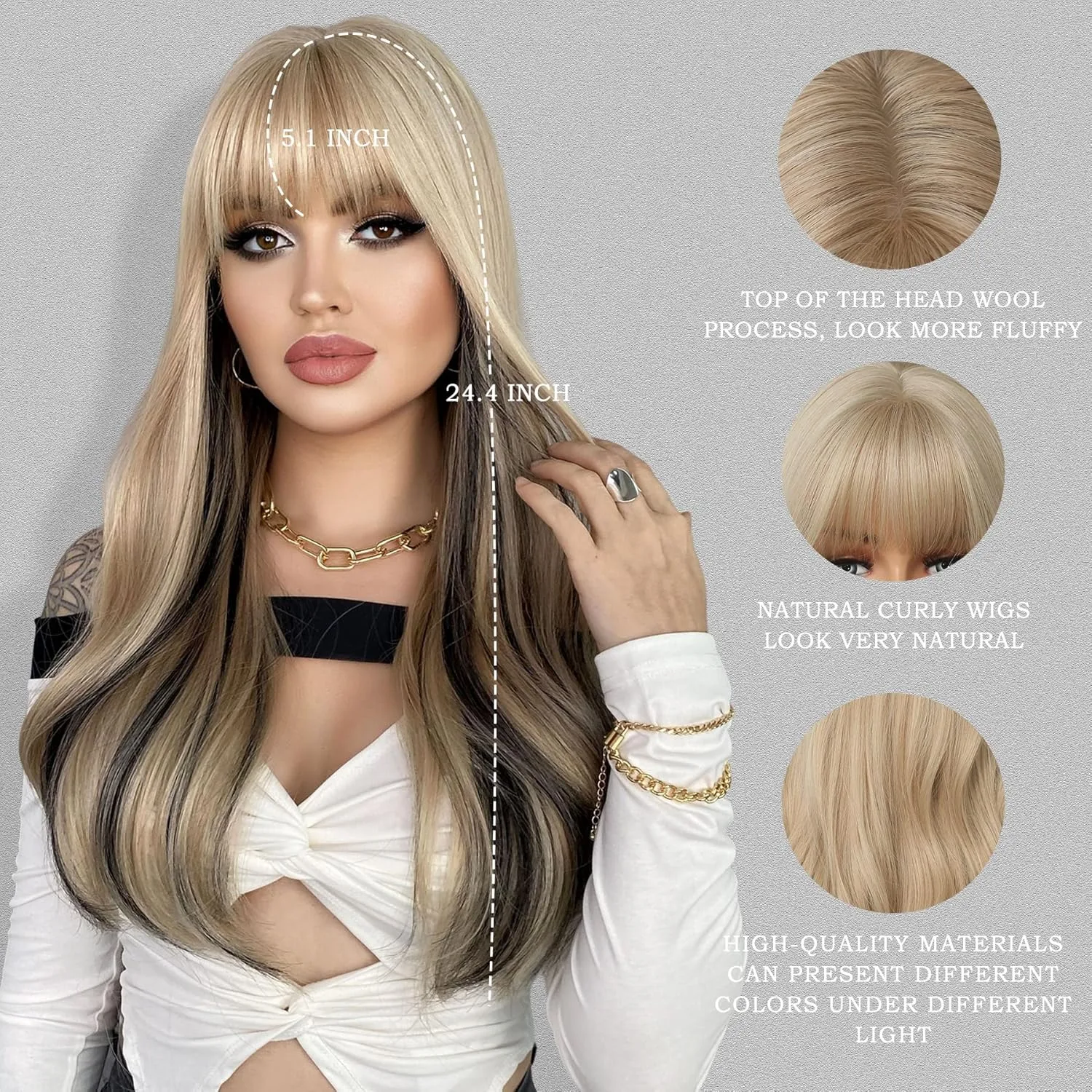 7JHH WIGS Highlight Layered Beige Blonde Wig with Bang Long Straight Synthetic Women Natural Balayaga Black Wig Daily Used (Black Highlight)