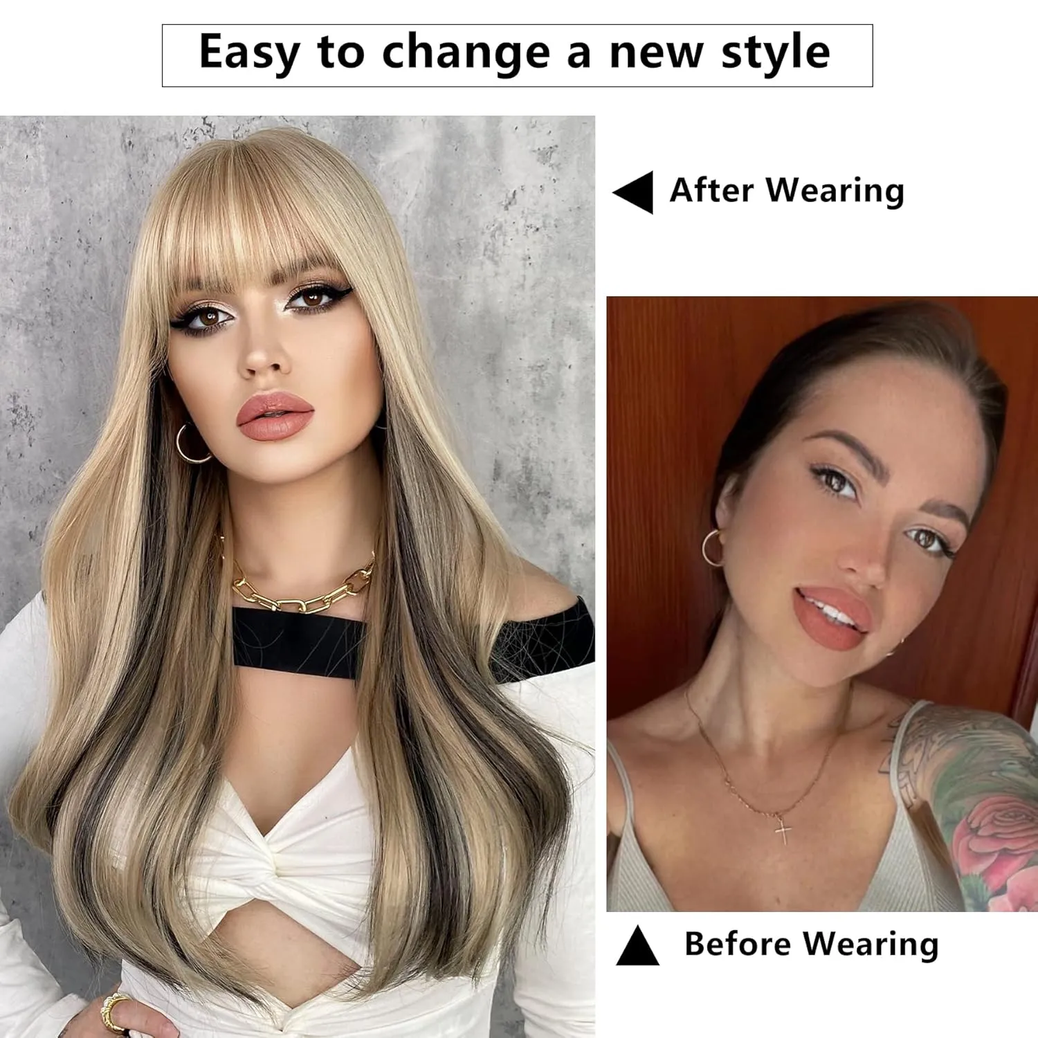 7JHH WIGS Highlight Layered Beige Blonde Wig with Bang Long Straight Synthetic Women Natural Balayaga Black Wig Daily Used (Black Highlight)