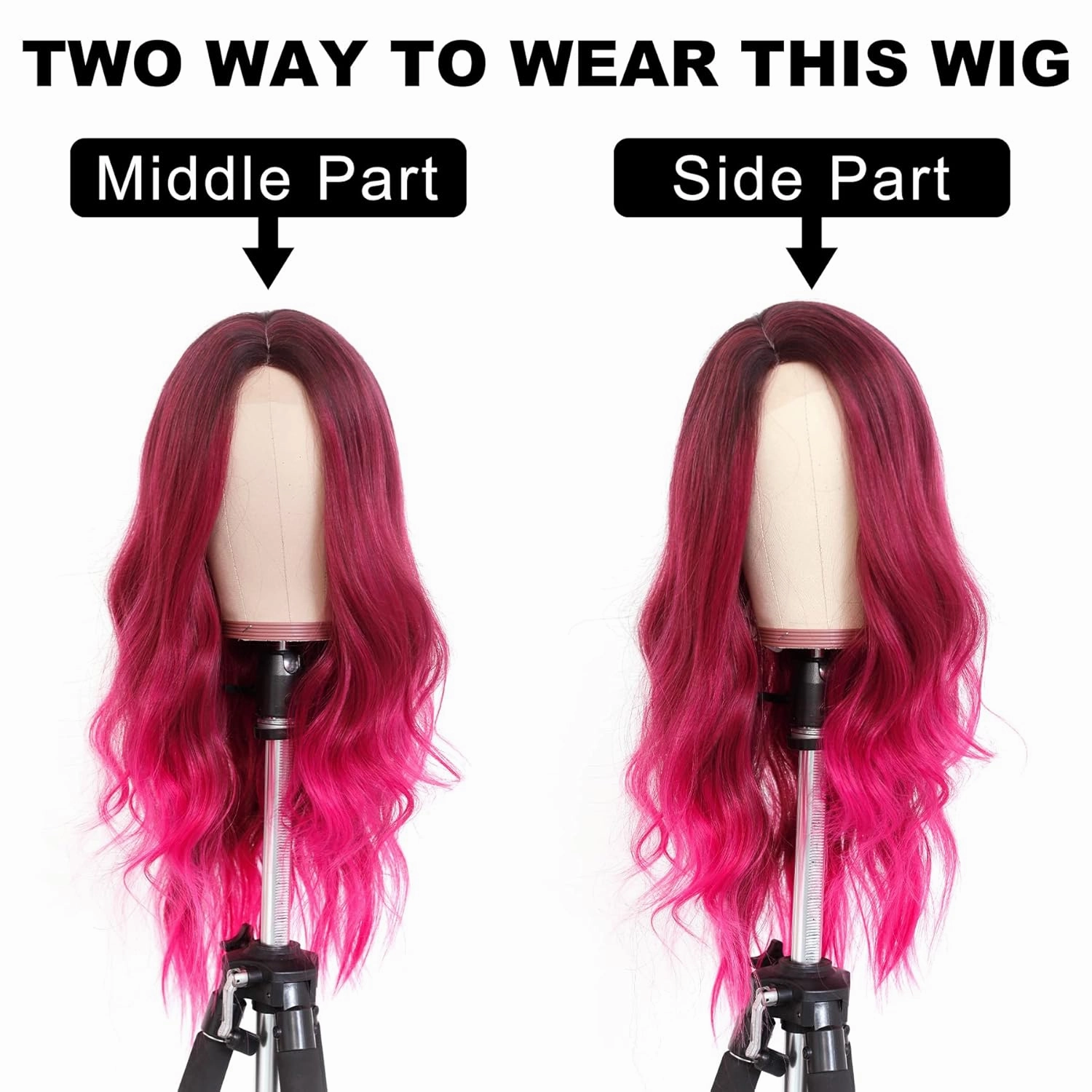 7JHH WIGS Hot Pink Long Wig with Dark Root Middle Part Lace Front Wavy Burgundy Ombre Pink Wig Body Wave Synthetic Wig for Women Transparent Lace Wig Hair 180% Density Daily Wear Wig 27 inch