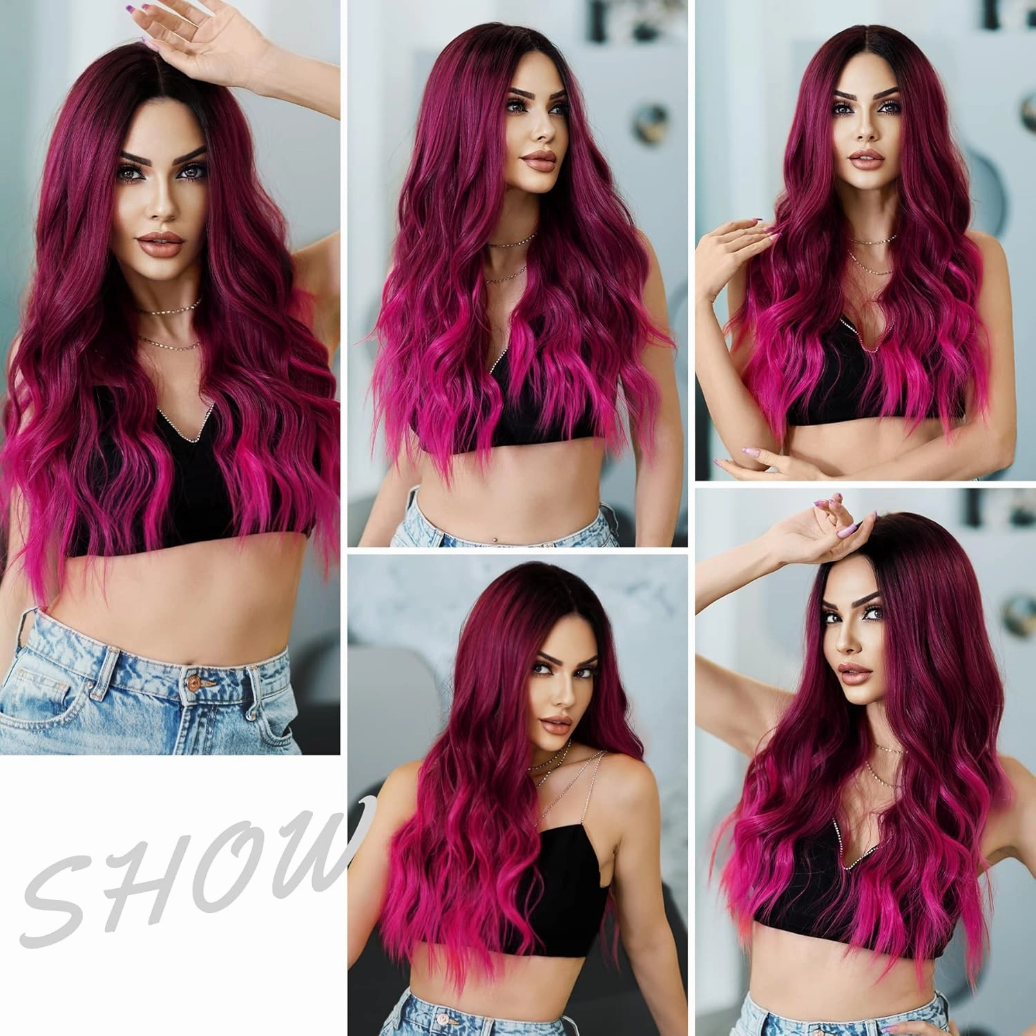 7JHH WIGS Hot Pink Long Wig with Dark Root Middle Part Lace Front Wavy Burgundy Ombre Pink Wig Body Wave Synthetic Wig for Women Transparent Lace Wig Hair 180% Density Daily Wear Wig 27 inch