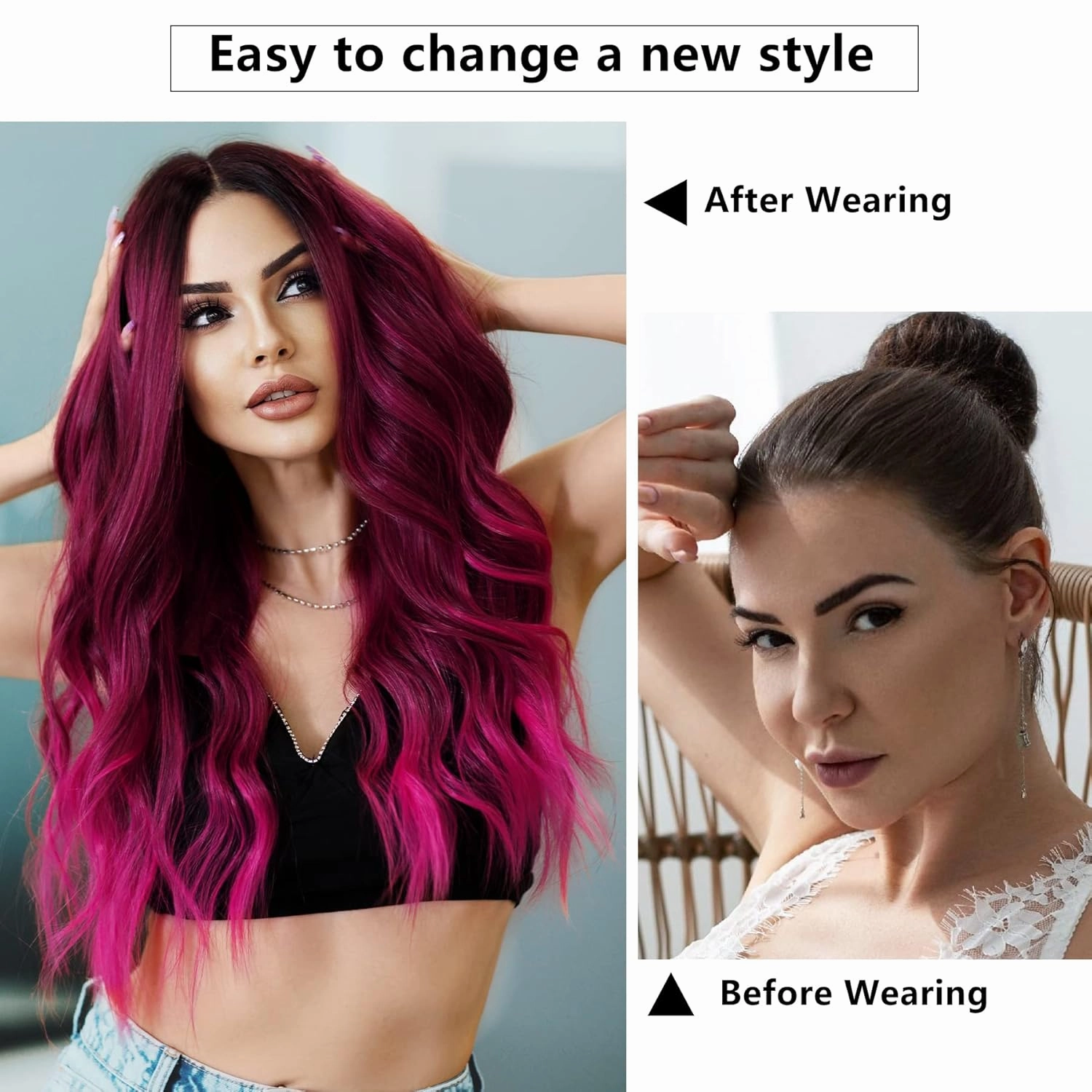 7JHH WIGS Hot Pink Long Wig with Dark Root Middle Part Lace Front Wavy Burgundy Ombre Pink Wig Body Wave Synthetic Wig for Women Transparent Lace Wig Hair 180% Density Daily Wear Wig 27 inch