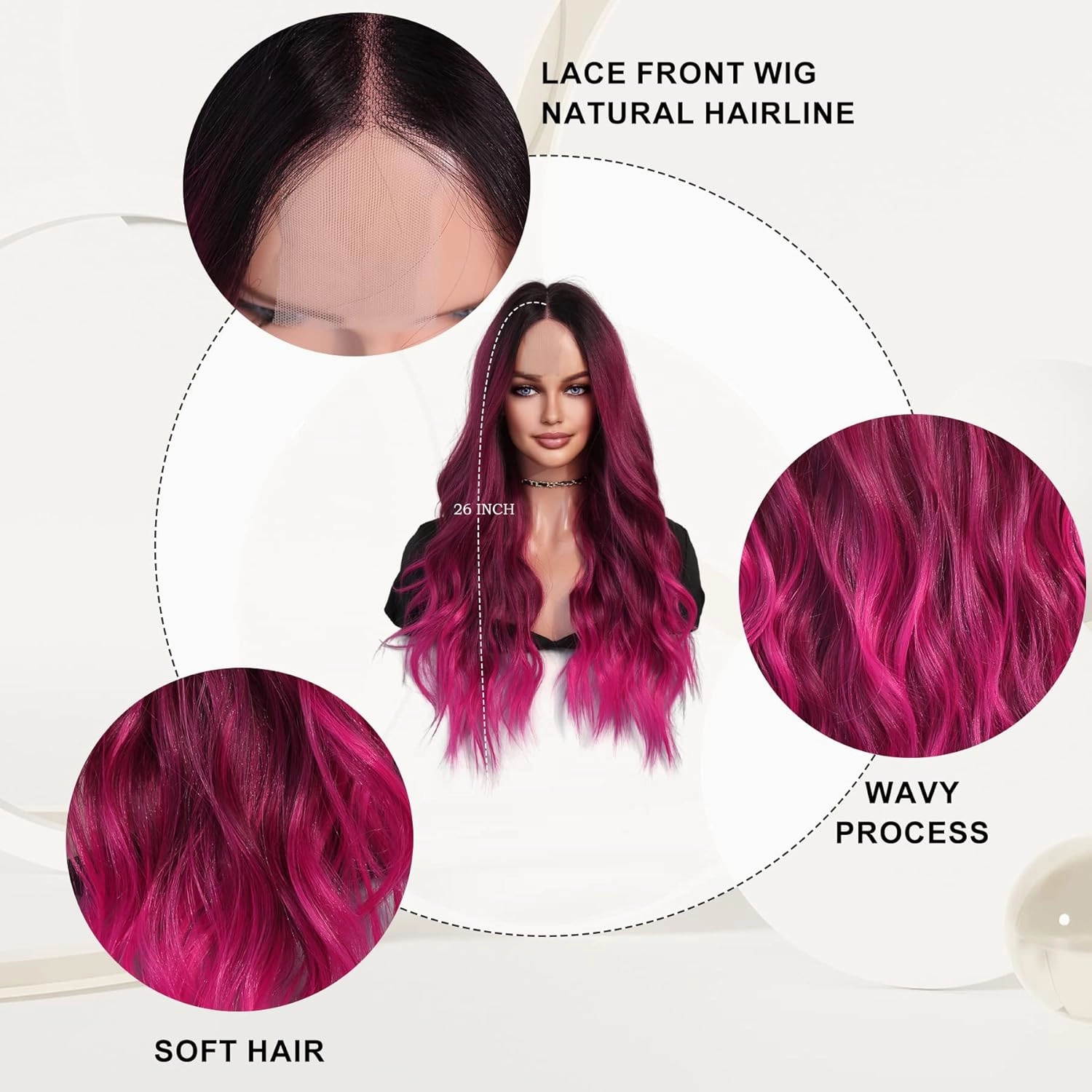 7JHH WIGS Hot Pink Long Wig with Dark Root Middle Part Lace Front Wavy Burgundy Ombre Pink Wig Body Wave Synthetic Wig for Women Transparent Lace Wig Hair 180% Density Daily Wear Wig 27 inch