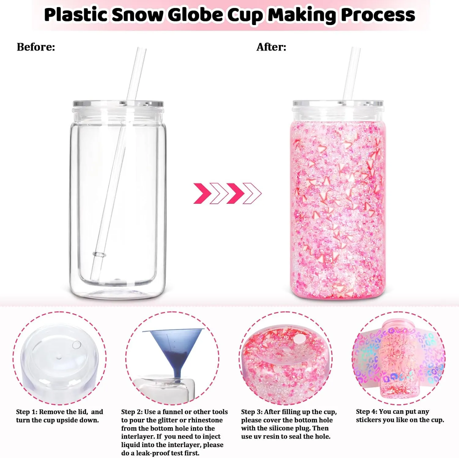 8 Pack plastic Snow Globe Tumbler, 16 Oz Double Wall Plastic Can with Lid and Straw, Plastic Mason Jar Mug for Snow Globe Glitter DIY Gift (Clear)