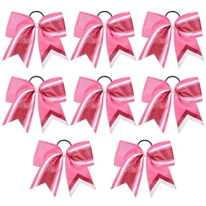 8PCS Glitter Cheer Bow 8" Large Cheerleading Bows Bulk Hair Bows Girls Pink Cheer Bows Elastic Band Ponytail Holder for Cheerleaders Teen Girls College Sports Competition