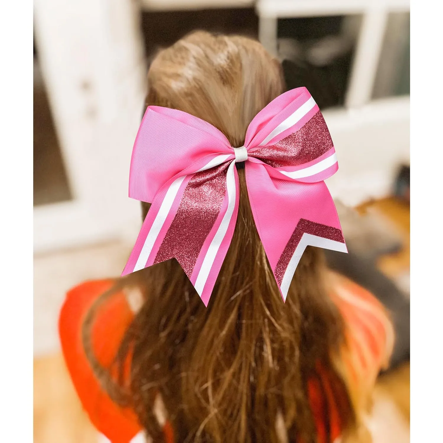 8PCS Glitter Cheer Bow 8" Large Cheerleading Bows Bulk Hair Bows Girls Pink Cheer Bows Elastic Band Ponytail Holder for Cheerleaders Teen Girls College Sports Competition