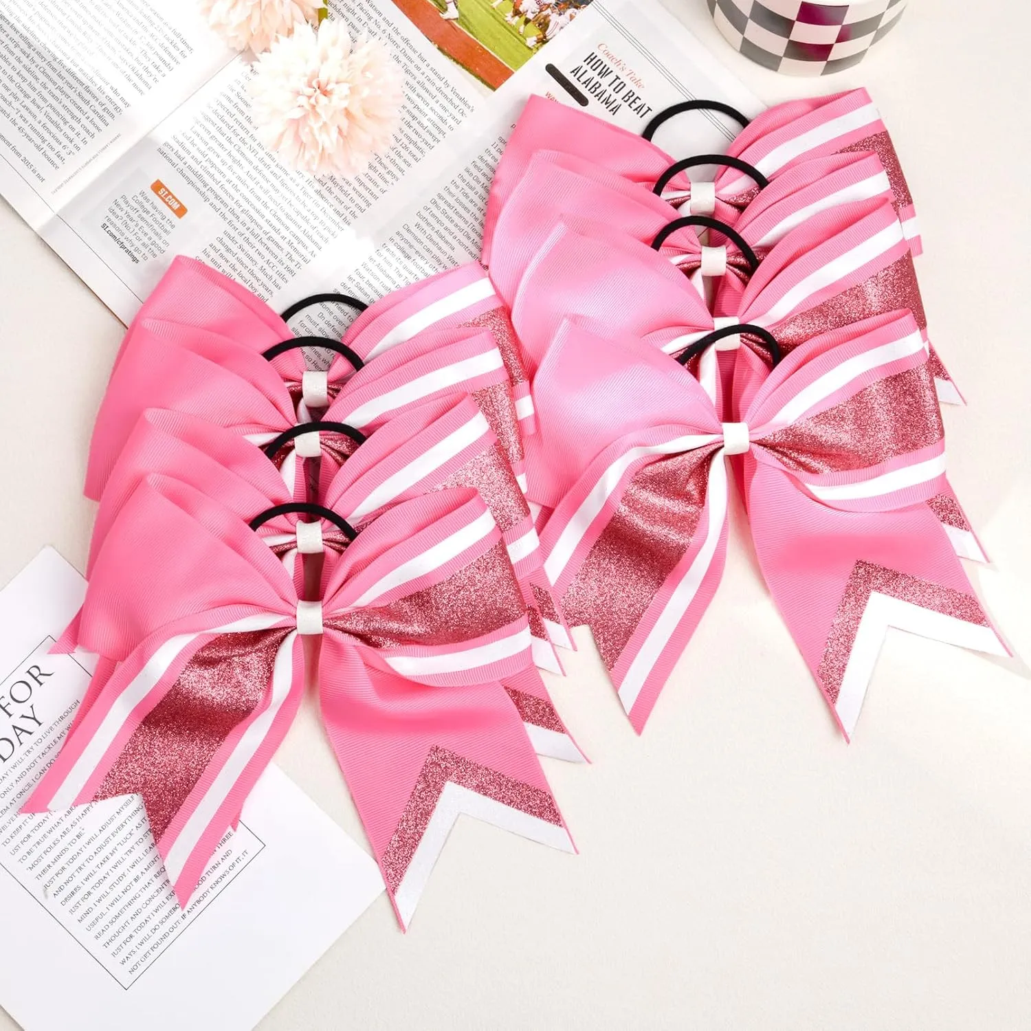 8PCS Glitter Cheer Bow 8" Large Cheerleading Bows Bulk Hair Bows Girls Pink Cheer Bows Elastic Band Ponytail Holder for Cheerleaders Teen Girls College Sports Competition