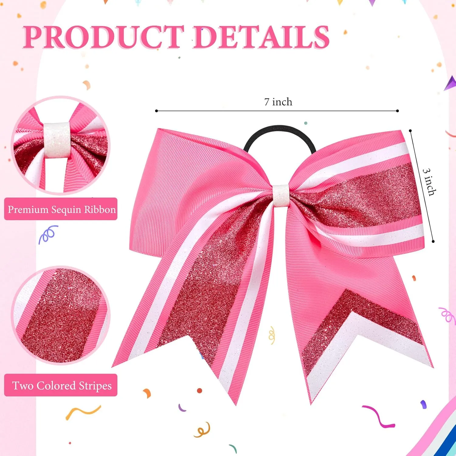 8PCS Glitter Cheer Bow 8" Large Cheerleading Bows Bulk Hair Bows Girls Pink Cheer Bows Elastic Band Ponytail Holder for Cheerleaders Teen Girls College Sports Competition