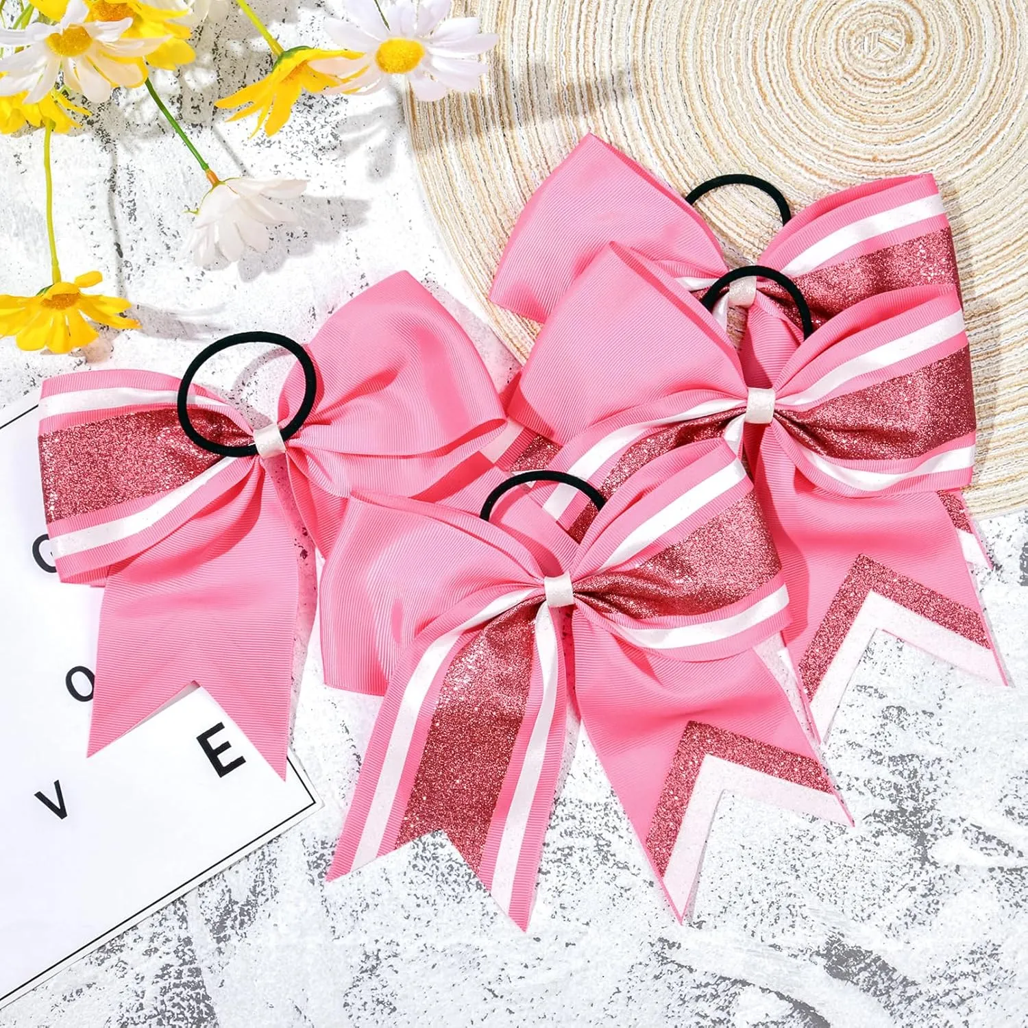 8PCS Glitter Cheer Bow 8" Large Cheerleading Bows Bulk Hair Bows Girls Pink Cheer Bows Elastic Band Ponytail Holder for Cheerleaders Teen Girls College Sports Competition
