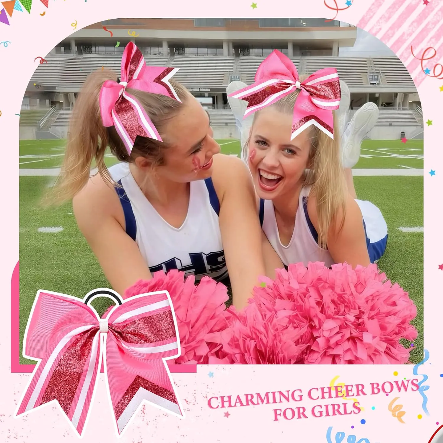 8PCS Glitter Cheer Bow 8" Large Cheerleading Bows Bulk Hair Bows Girls Pink Cheer Bows Elastic Band Ponytail Holder for Cheerleaders Teen Girls College Sports Competition