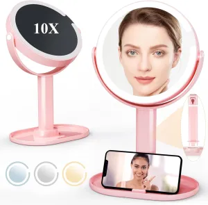 8" Lighted Makeup Vanity Mirror,Rechargeable Double Sided Magnifying Mirror,1X/10X Magnification travel mirror with light,360° Rotation Portable Light Up Beauty Mirrors with 3 Color Light, Pink