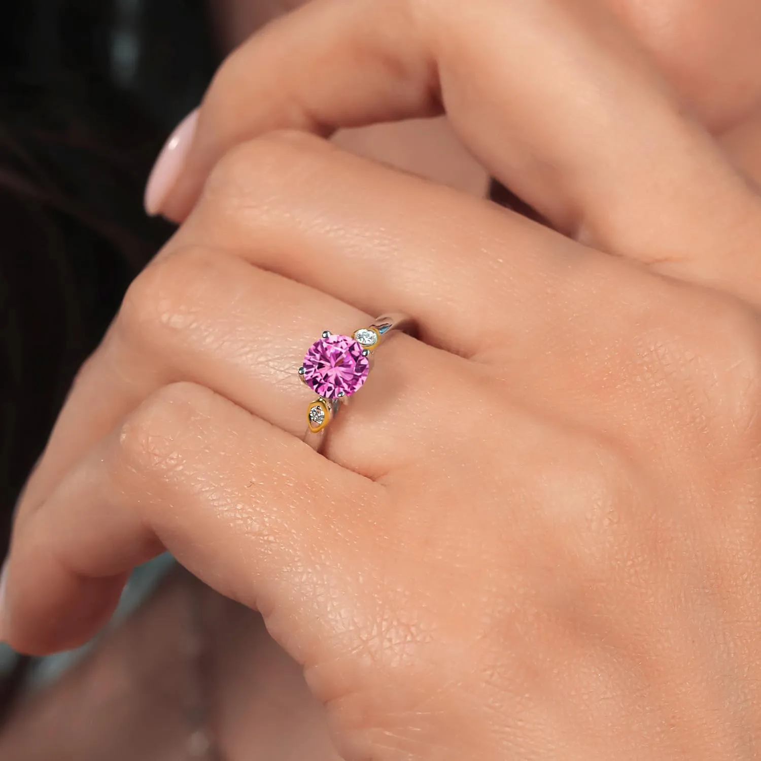 925 Silver and 10K Yellow Gold Pink Created Sapphire and White Lab Grown Diamond 3-Stone Engagement Ring For Women (1.03 Cttw, Round 6MM, Gemstone September Birthstone, Available in Size 5,6,7,8,9)