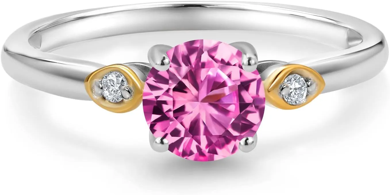 925 Silver and 10K Yellow Gold Pink Created Sapphire and White Lab Grown Diamond 3-Stone Engagement Ring For Women (1.03 Cttw, Round 6MM, Gemstone September Birthstone, Available in Size 5,6,7,8,9)