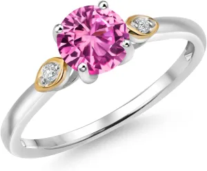 925 Silver and 10K Yellow Gold Pink Created Sapphire and White Lab Grown Diamond 3-Stone Engagement Ring For Women (1.03 Cttw, Round 6MM, Gemstone September Birthstone, Available in Size 5,6,7,8,9)