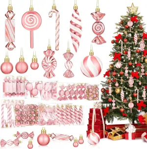 96 Pcs Christmas Tree Ornaments Candy Ball Ornaments Bulk Hanging Glitter Candy Cane Decorations Christmas Tree Peppermint Swirl Lollipop Decorations for Xmas Party Home Decor(Rose Gold)