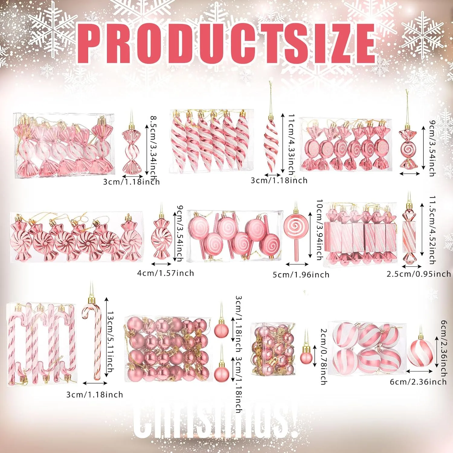96 Pcs Christmas Tree Ornaments Candy Ball Ornaments Bulk Hanging Glitter Candy Cane Decorations Christmas Tree Peppermint Swirl Lollipop Decorations for Xmas Party Home Decor(Rose Gold)