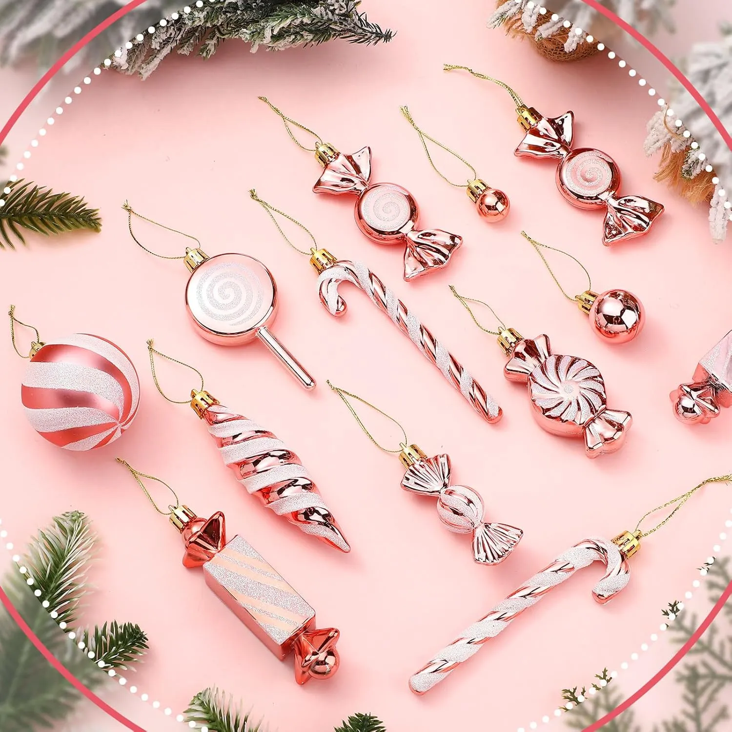 96 Pcs Christmas Tree Ornaments Candy Ball Ornaments Bulk Hanging Glitter Candy Cane Decorations Christmas Tree Peppermint Swirl Lollipop Decorations for Xmas Party Home Decor(Rose Gold)