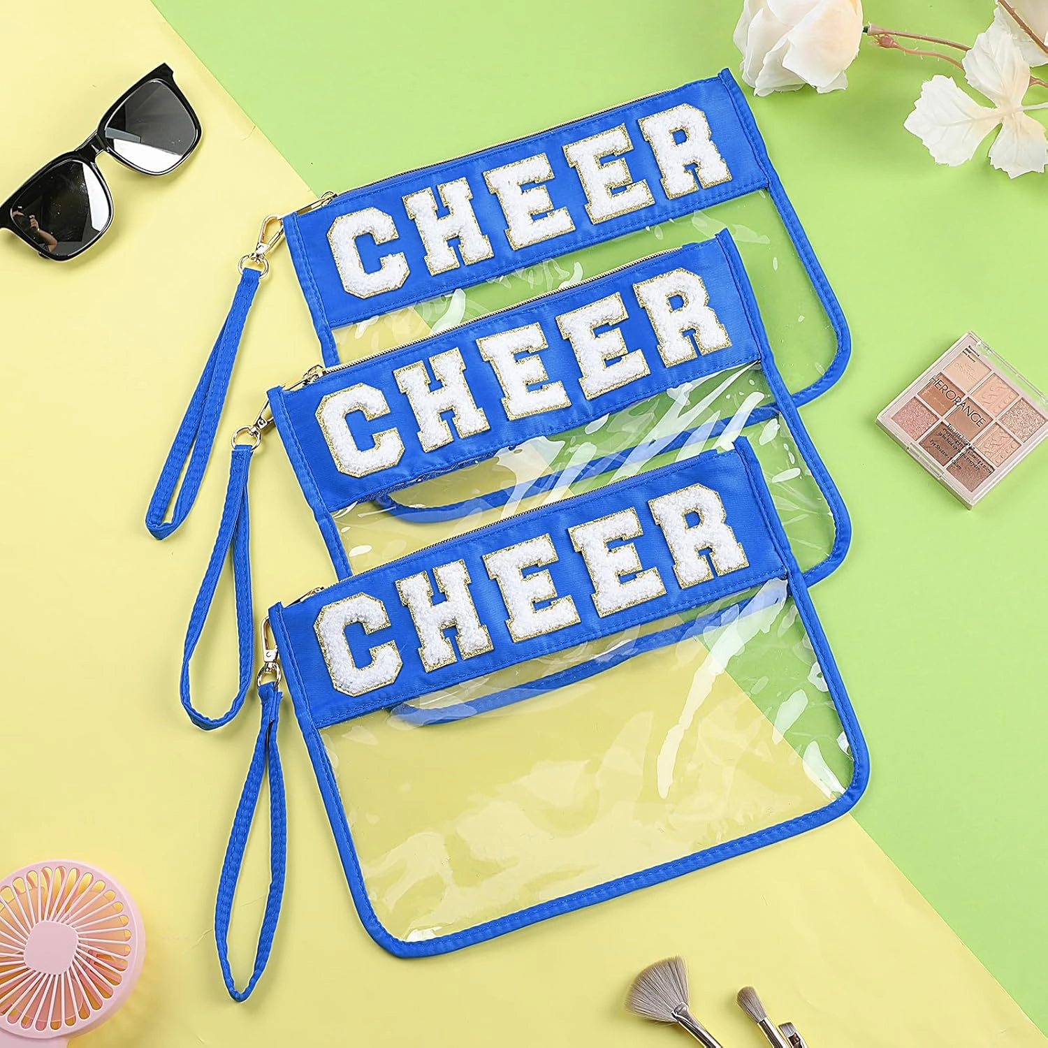 Abbylike 12 Pcs Snack Bags Clear Chenille Letter Cheer Zipper Pouch Waterproof PVC Large Travel Makeup Cosmetic Storage Organizer Bag for Mom Team Cheerleaders Teacher (Dark Blue)