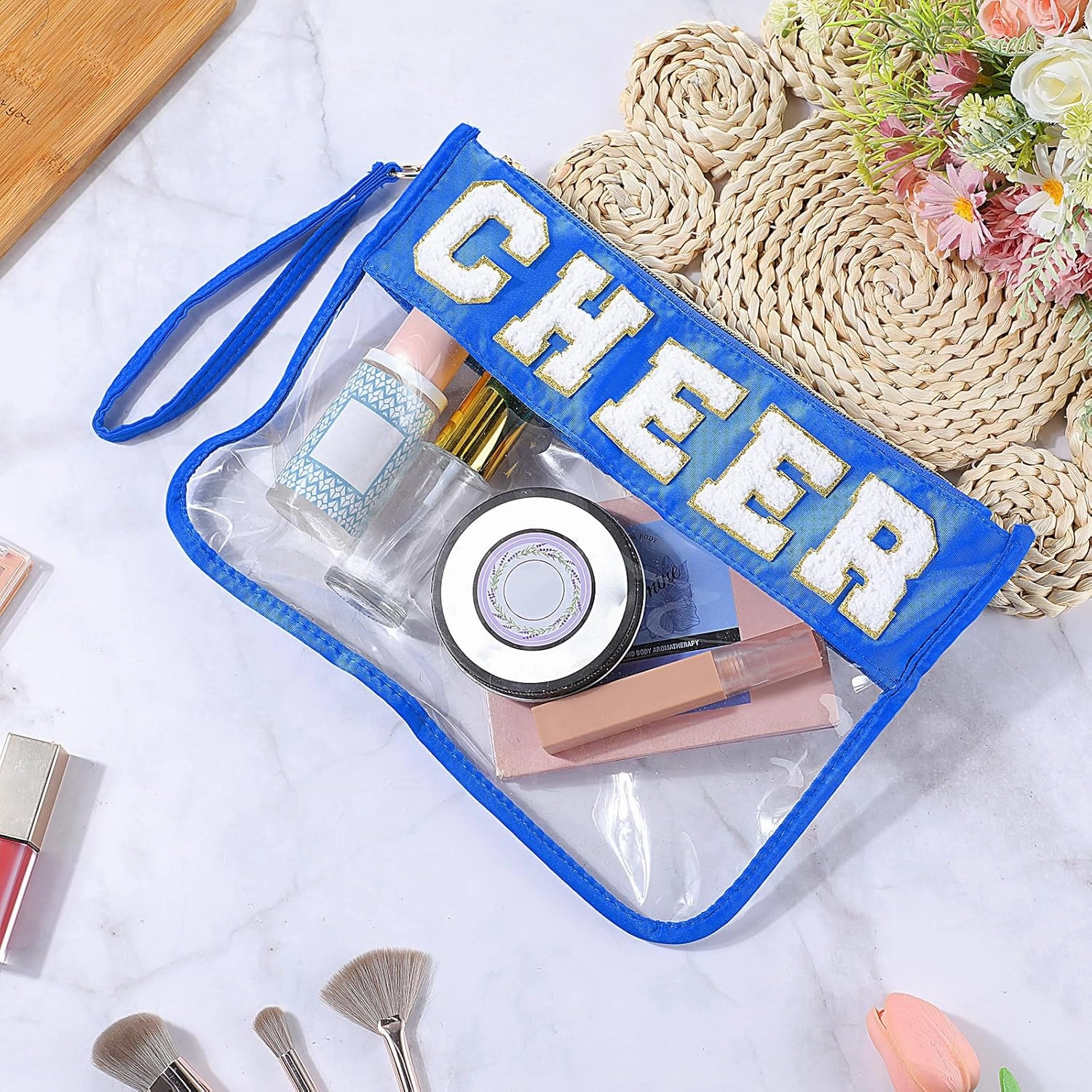 Abbylike 12 Pcs Snack Bags Clear Chenille Letter Cheer Zipper Pouch Waterproof PVC Large Travel Makeup Cosmetic Storage Organizer Bag for Mom Team Cheerleaders Teacher (Dark Blue)