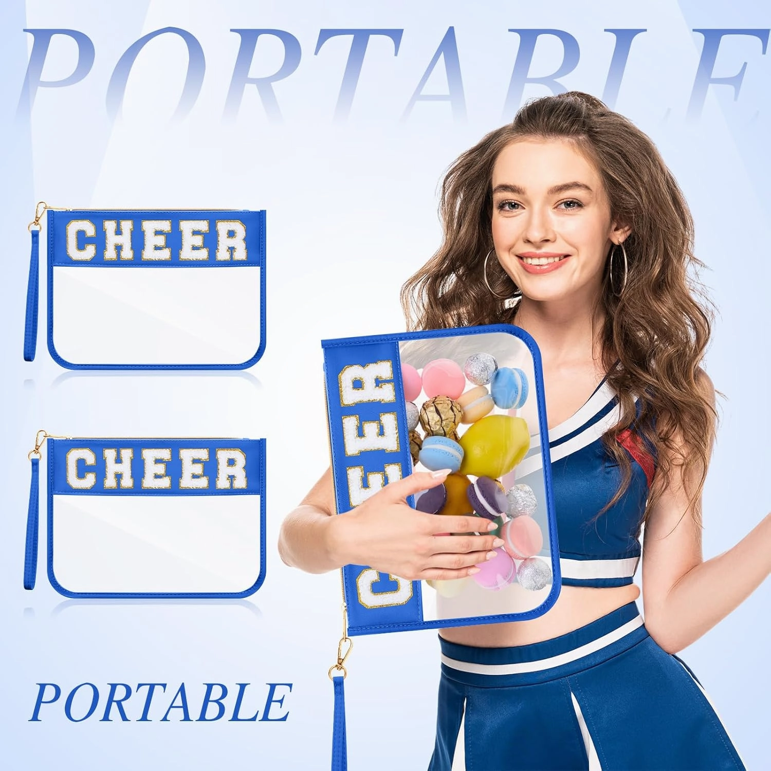 Abbylike 12 Pcs Snack Bags Clear Chenille Letter Cheer Zipper Pouch Waterproof PVC Large Travel Makeup Cosmetic Storage Organizer Bag for Mom Team Cheerleaders Teacher (Dark Blue)