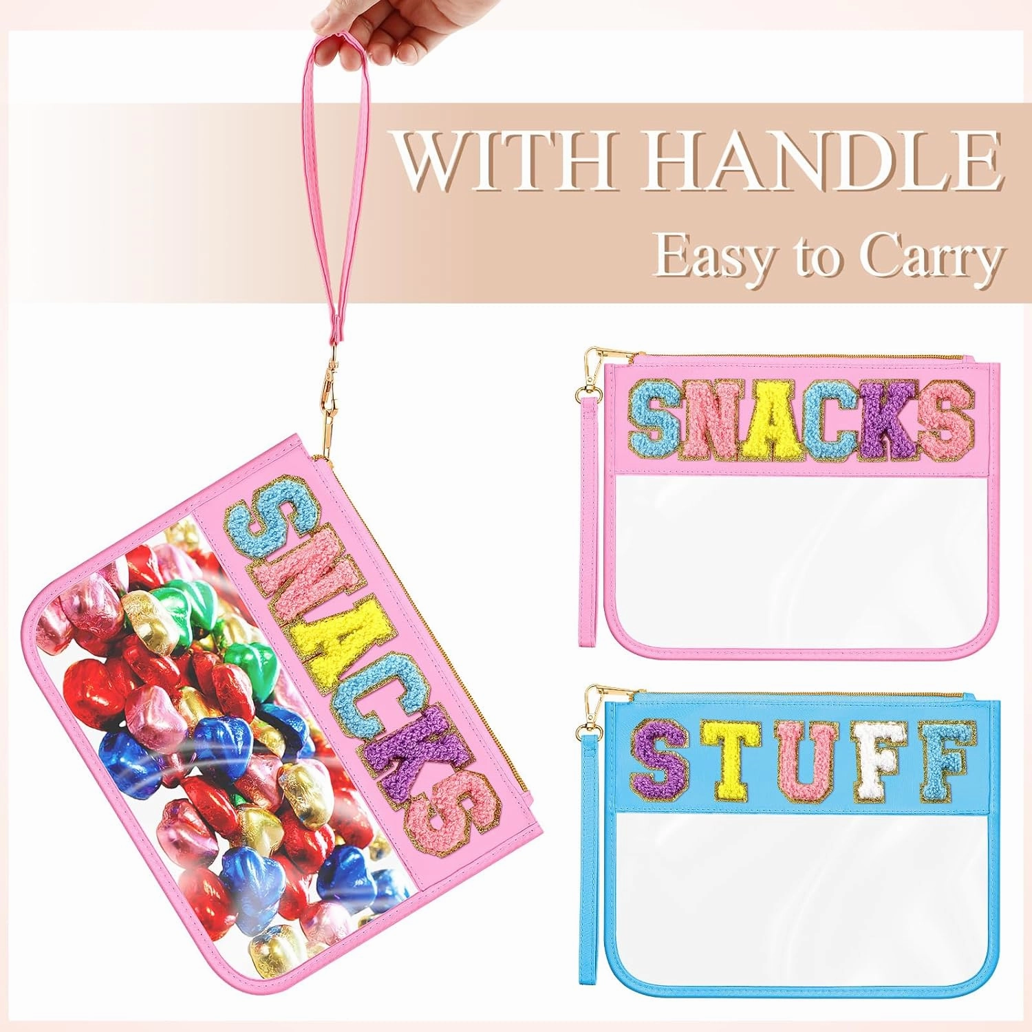 Abbylike 12 Pcs Snack Bags Clear Chenille Letter Stuff and Snacks Zipper Pouch Waterproof PVC Large Travel Makeup Cosmetic Storage Organizer Bag for Mom Team Cheerleaders Teacher (Blue and Pink)