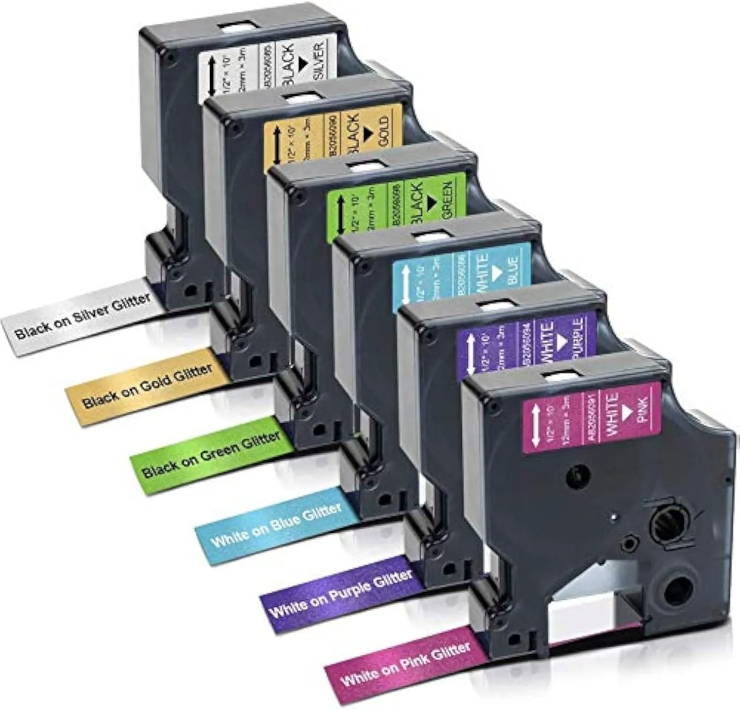 Absonic D1 Label Tape Compatible for Dymo COLORPOP Label Maker Refills 12mm 0.47" 1/2 Inch Work for LabelManager 160 420P 280 PnP, Silver/Green/Gold/Pink/Purple/Blue Glitter, 1/2" x 10', 6-Pack