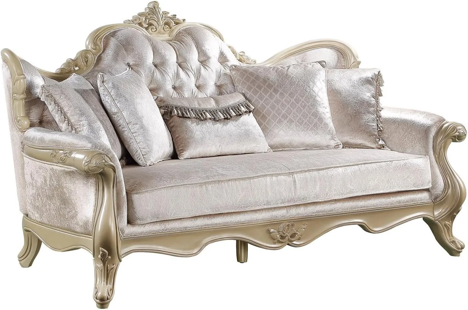 Acme Libertee Upholstered Sofa with 5 Pillows in Beige and Champagne