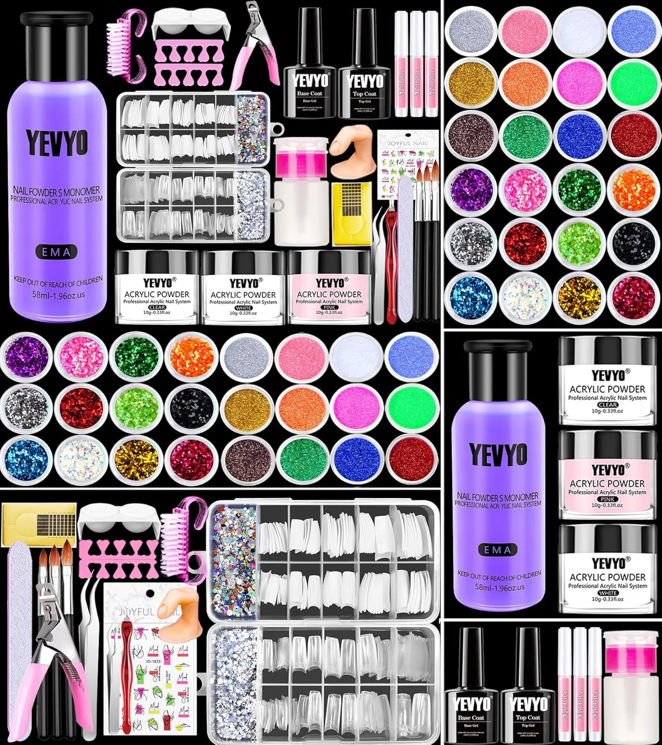 Acrylic Nail Kit, 24 Color Glitter Acrylic Powder Monomer Liquid Set, Nail Kit Set Professional with Everything Acrylic Brushes and 200 Pcs Nail Tips for Extension Beginner