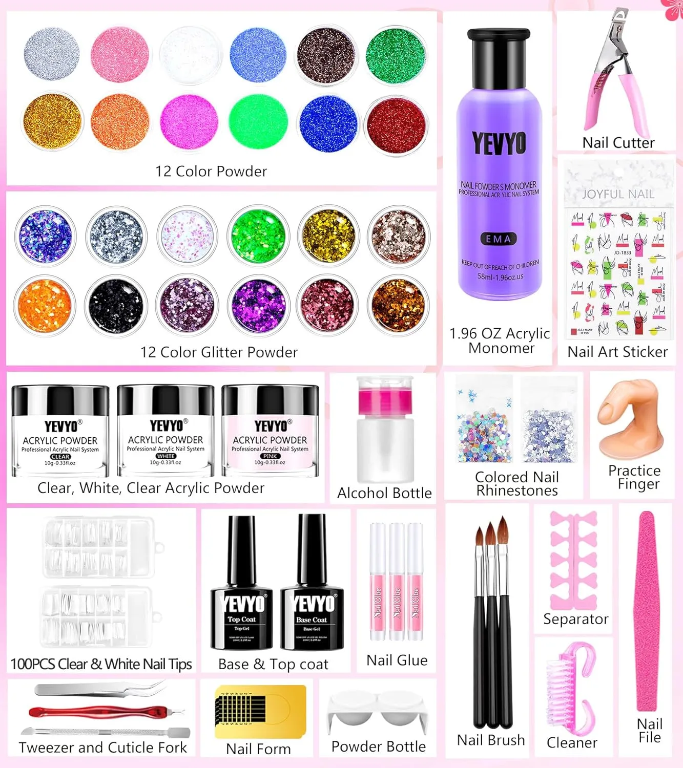 Acrylic Nail Kit, 24 Color Glitter Acrylic Powder Monomer Liquid Set, Nail Kit Set Professional with Everything Acrylic Brushes and 200 Pcs Nail Tips for Extension Beginner