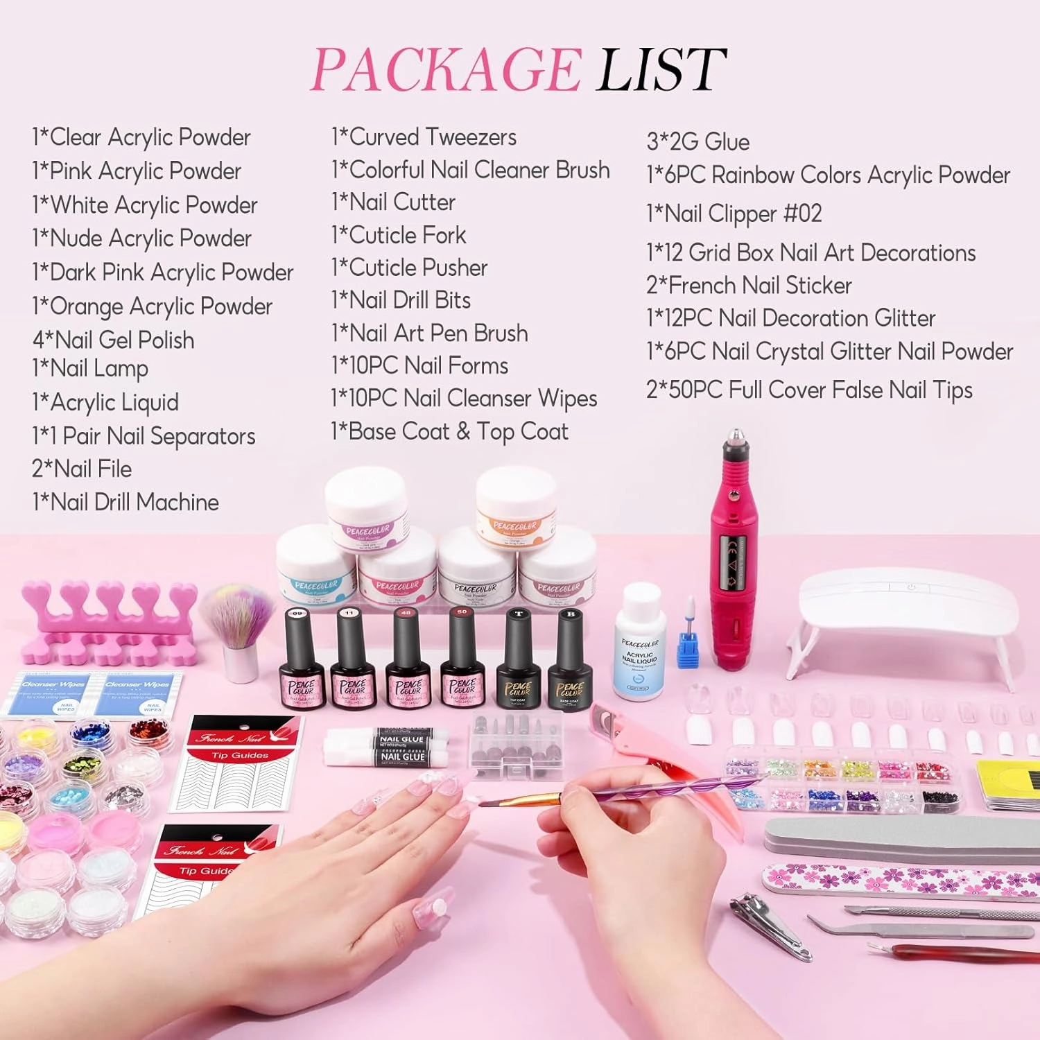 Acrylic Nail Kit for Beginners with Drill and U V Light 6 Colors Acrylic Powder Clear Nude Pink 4PC Gel Polish 24PC Glitter Powders Rhinstones Nails Kit Acrylic Set for Women