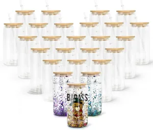 AGH 16OZ Sublimation Snow Globe Glass with Bamboo Lids and Straws, 25 Pack Double Wall Sublimation Beer Can Glasses Can Shaped Tumblers with Pre Drilled Hole for DIY Glitter Gift