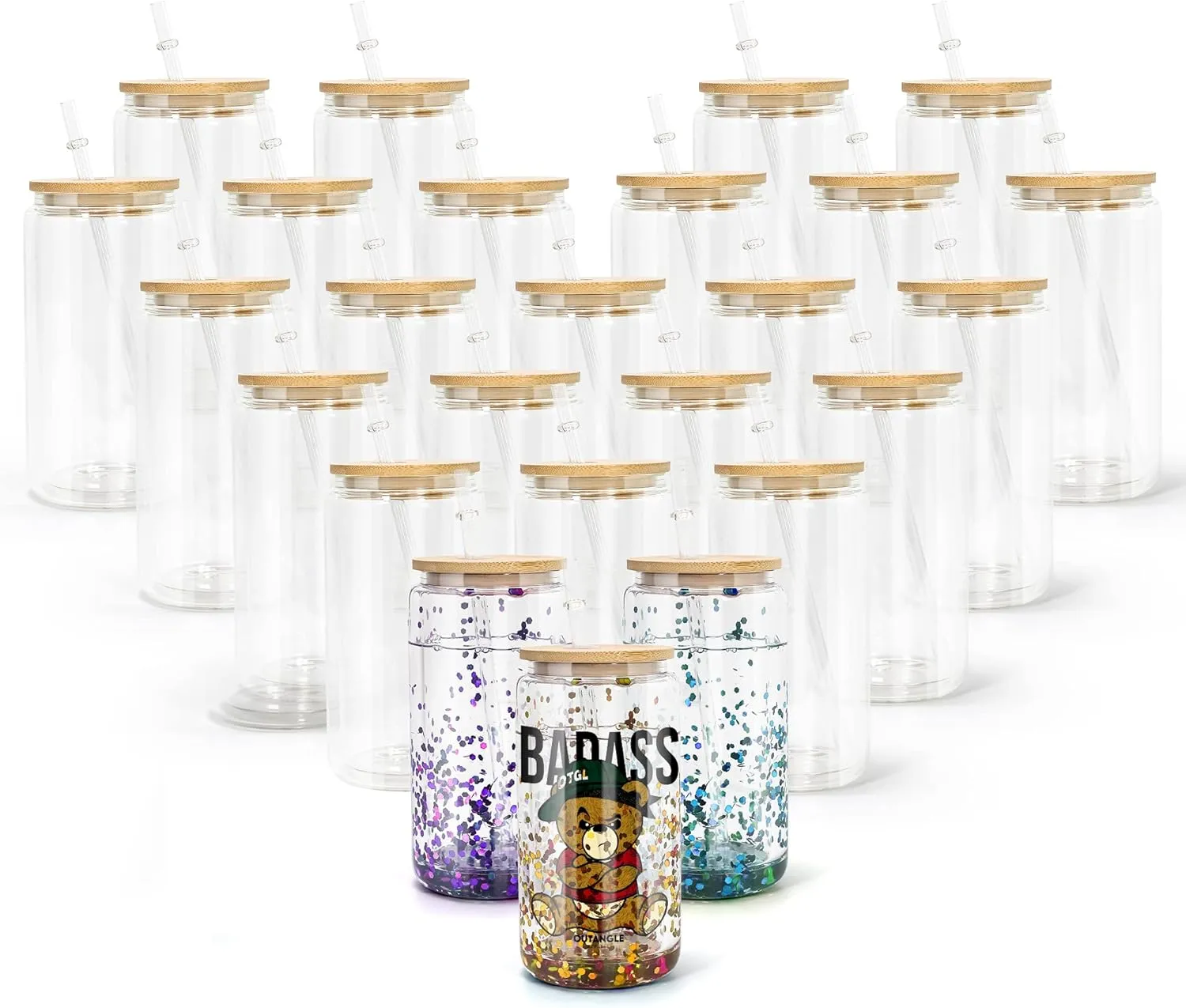 AGH 16OZ Sublimation Snow Globe Glass with Bamboo Lids and Straws, 25 Pack Double Wall Sublimation Beer Can Glasses Can Shaped Tumblers with Pre Drilled Hole for DIY Glitter Gift
