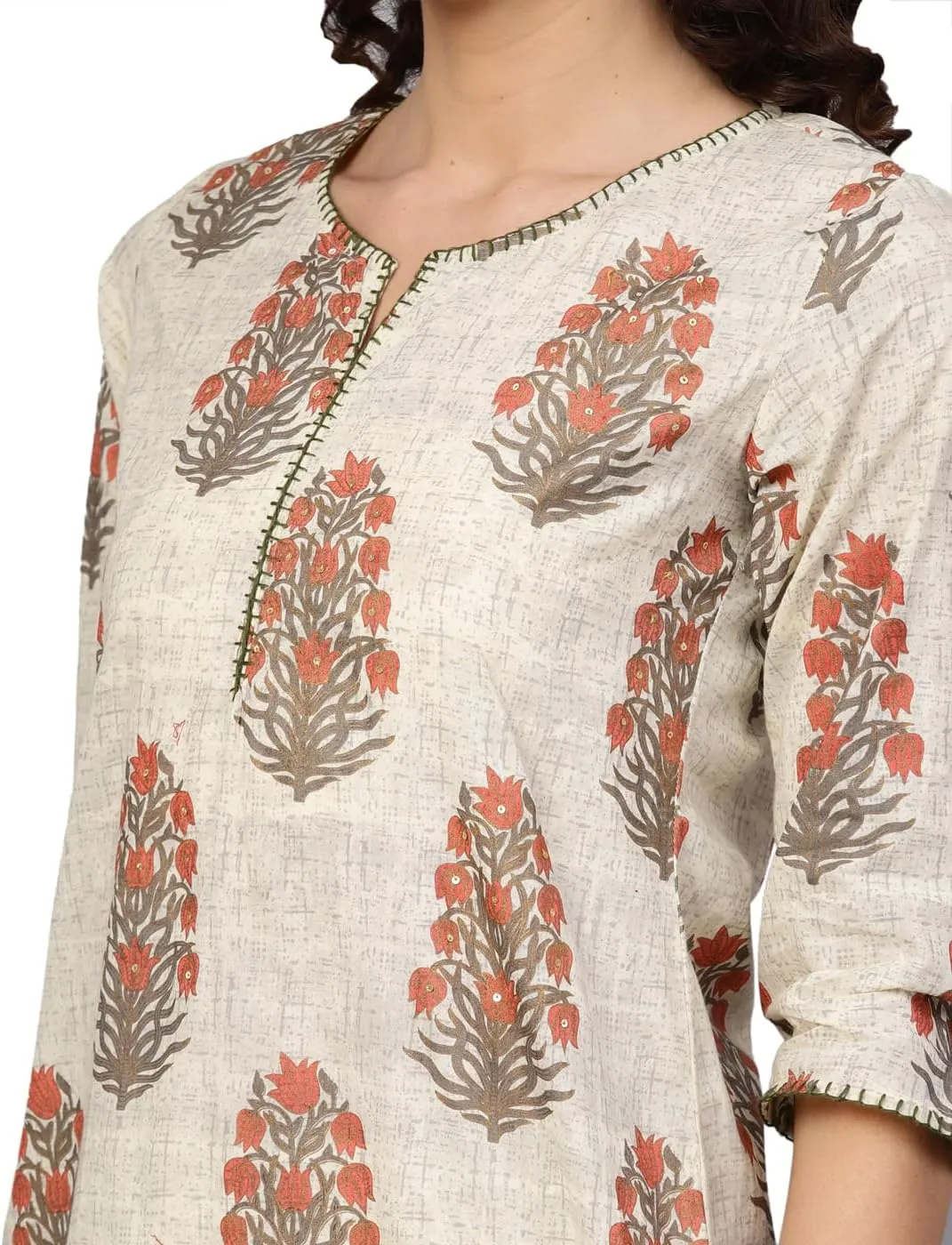 Akiko Women's Cotton Cambric Sequin Work Straight Kurta (Beige, XXL)